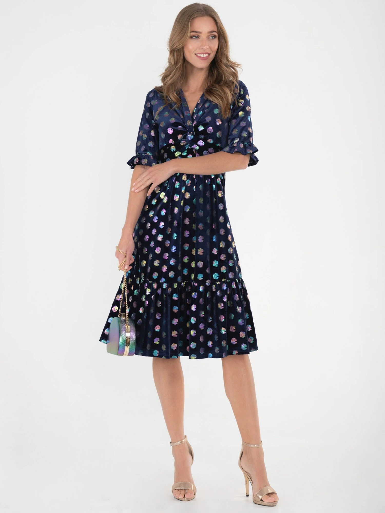 Jolie Moi Twist Front Metallic Spot Print Velvet Dress, Navy/Multi 2 Jolie Moi Twist Front Metallic Spot Print Velvet Dress, Navy/Multi - Image 2