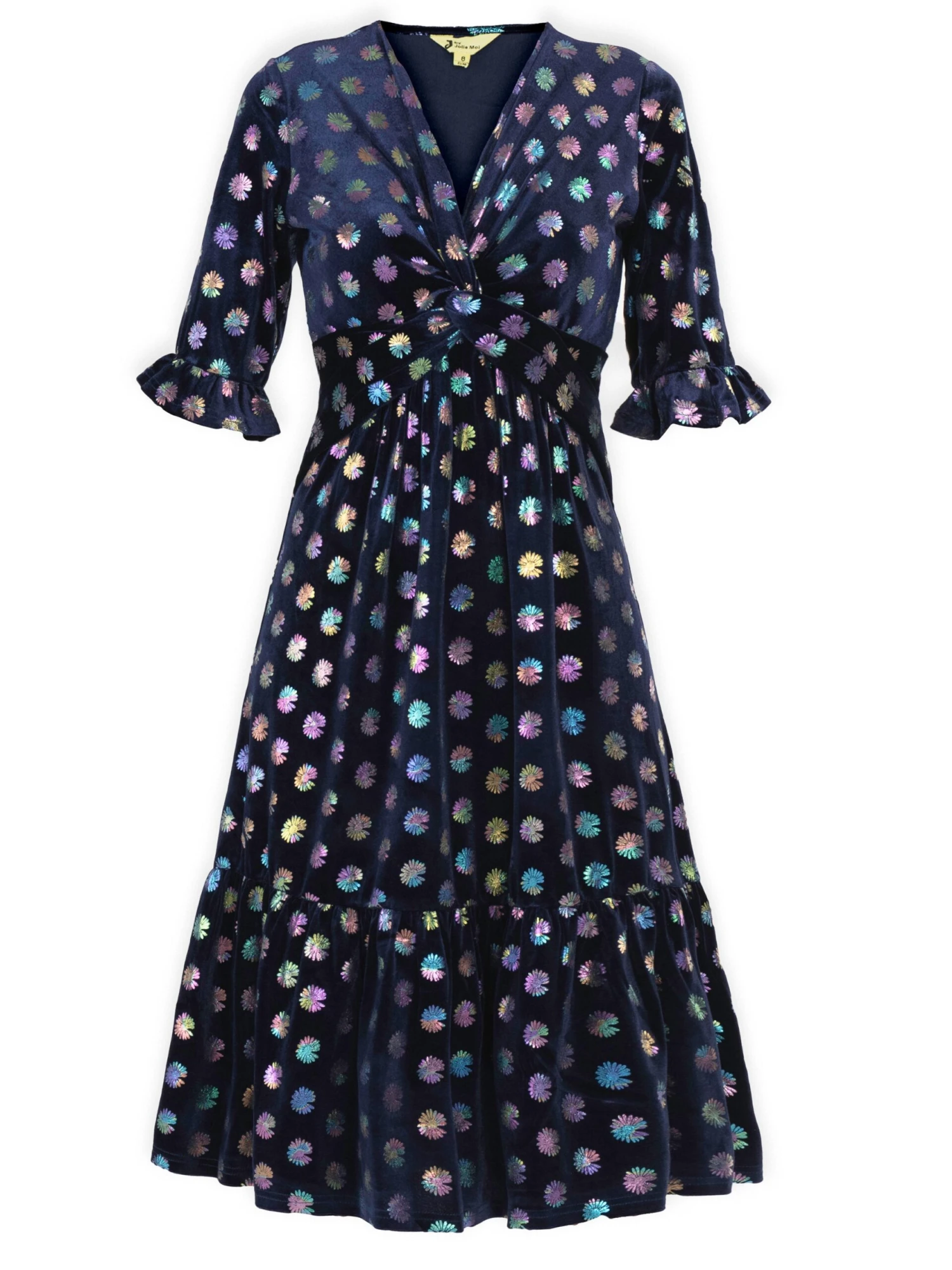 Jolie Moi Twist Front Metallic Spot Print Velvet Dress, Navy/Multi 6 Jolie Moi Twist Front Metallic Spot Print Velvet Dress, Navy/Multi - Image 6
