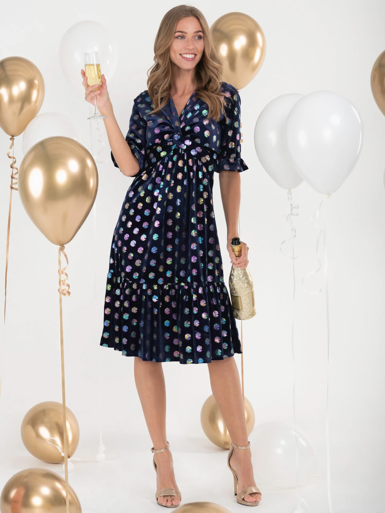 Jolie Moi Twist Front Metallic Spot Print Velvet Dress, Navy/Multi 1 Jolie Moi Twist Front Metallic Spot Print Velvet Dress, Navy/Multi