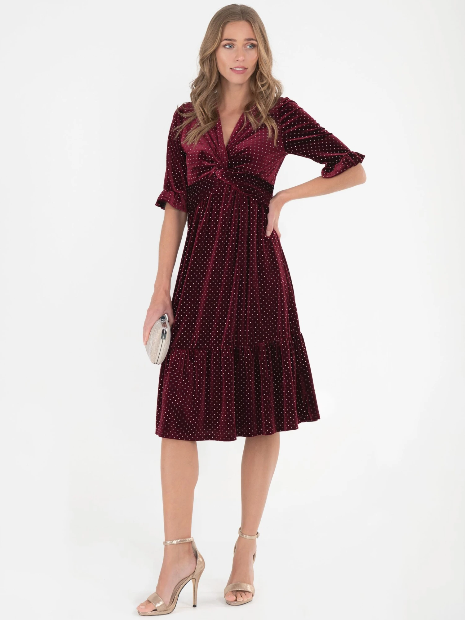 Jolie Moi Twist Velvet Spot Dress, Red Spot 4 Jolie Moi Twist Velvet Spot Dress, Red Spot - Image 4