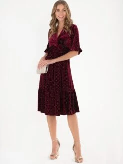 Jolie Moi Twist Velvet Spot Dress, Red Spot
