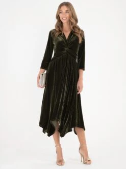 Jolie Moi Hanky Midi Velvet Dress, Soldier Green -DORIA Clothing Shop 5053319344148