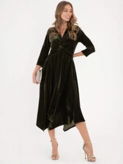 Jolie Moi Hanky Midi Velvet Dress, Soldier Green -DORIA Clothing Shop 5053319344148 5