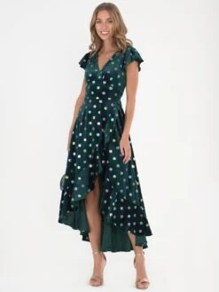 Frill Velvet Spot Dress, Green Spot -DORIA Clothing Shop 5053319344568