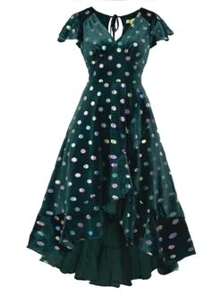 Frill Velvet Spot Dress, Green Spot -DORIA Clothing Shop 5053319344568 3