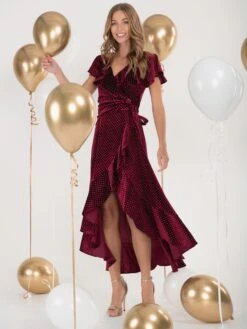Jolie Moi Metallic Spot Print Velvet Dress, Burgundy