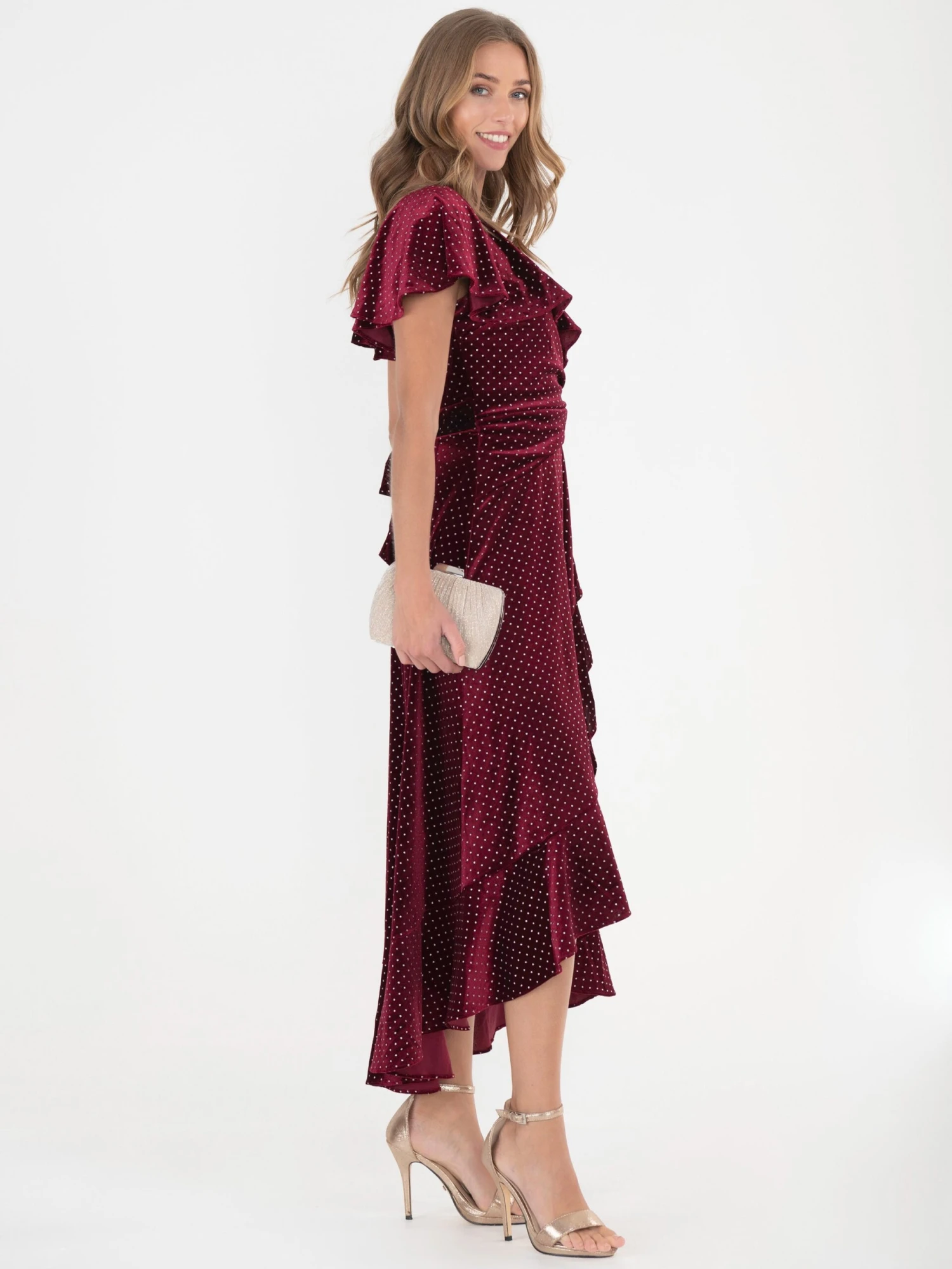 Jolie Moi Metallic Spot Print Velvet Dress, Burgundy 5 Jolie Moi Metallic Spot Print Velvet Dress, Burgundy - Image 5