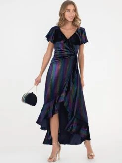 Jolie Moi Stripe Print Asymmetric Ruffle Velvet Dress, Navy/Multi -DORIA Clothing Shop 5053319344681