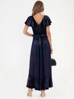 Jolie Moi Stripe Print Asymmetric Ruffle Velvet Dress, Navy/Multi -DORIA Clothing Shop 5053319344681 1