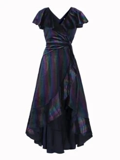 Jolie Moi Stripe Print Asymmetric Ruffle Velvet Dress, Navy/Multi -DORIA Clothing Shop 5053319344681 3