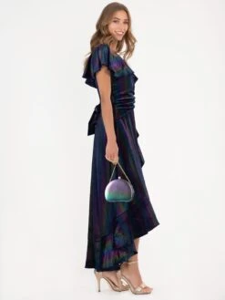 Jolie Moi Stripe Print Asymmetric Ruffle Velvet Dress, Navy/Multi -DORIA Clothing Shop 5053319344681 4