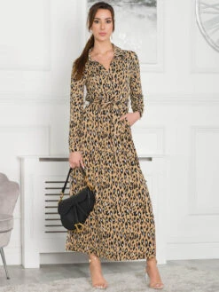 Jolie Moi Dora Leopard Maxi Shirt Dress, Camel
