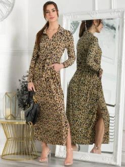 Jolie Moi Dora Leopard Maxi Shirt Dress, Camel -DORIA Clothing Shop 5053319352501 4