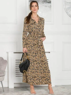Jolie Moi Dora Leopard Maxi Shirt Dress, Camel -DORIA Clothing Shop 5053319352501 5