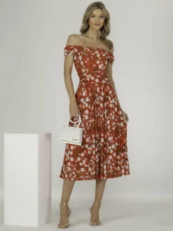 Kiara Bardot Neck Mesh Dress, Red Floral -DORIA Clothing Shop 5053319377450