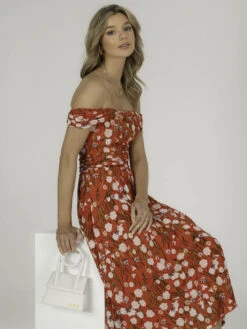 Kiara Bardot Neck Mesh Dress, Red Floral -DORIA Clothing Shop 5053319377450 3
