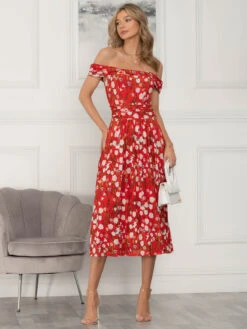 Kiara Bardot Neck Mesh Dress, Red Floral -DORIA Clothing Shop 5053319377450 4