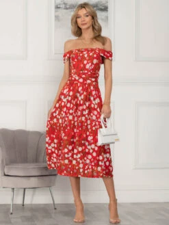 Kiara Bardot Neck Mesh Dress, Red Floral -DORIA Clothing Shop 5053319377450 5