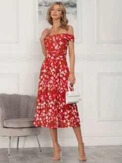 Kiara Bardot Neck Mesh Dress, Red Floral -DORIA Clothing Shop 5053319377450 6
