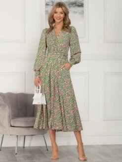 Jolie Moi Allyn Long Sleeved Maxi Dress, Green Animal -DORIA Clothing Shop 5053319386155