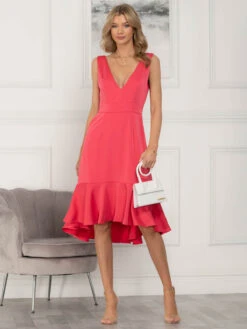 Jolie Moi Annabeth V Neck Flare Dress, Pink -DORIA Clothing Shop 5053319389200