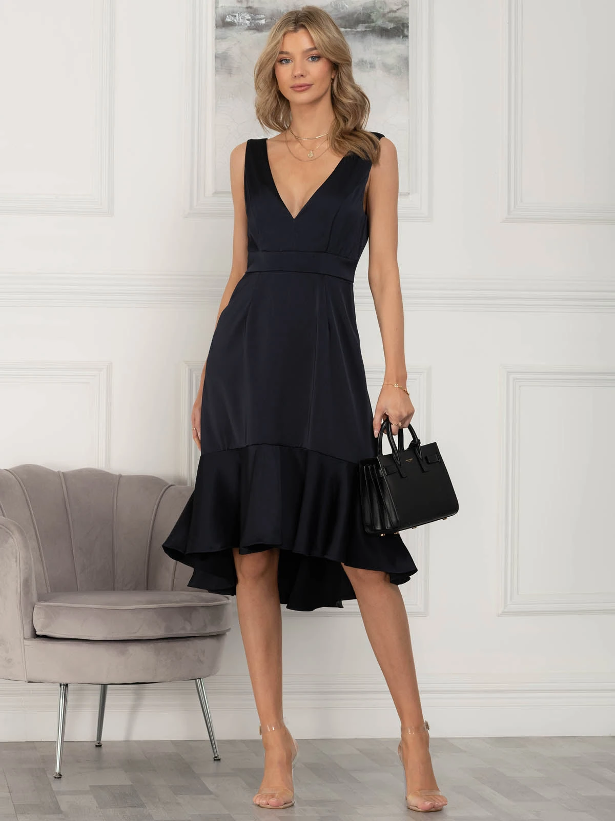Jolie Moi Annabeth V Neck Flare Dress, Navy 4 Jolie Moi Annabeth V Neck Flare Dress, Navy - Image 4