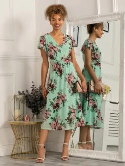 Scarlett Cap Sleeve Mesh Midi Dress, Green Floral -DORIA Clothing Shop 5053319401230 4