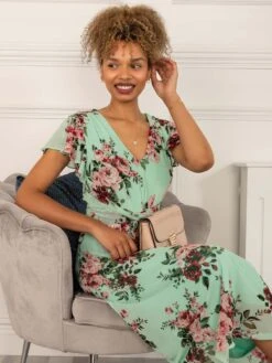Scarlett Cap Sleeve Mesh Midi Dress, Green Floral -DORIA Clothing Shop 5053319401230 5