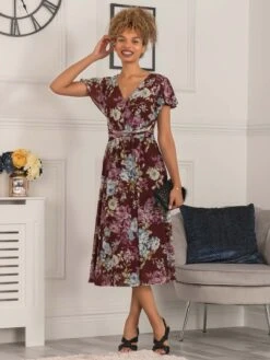 Scarlett Cap Sleeve Mesh Midi Dress, Dark Red -DORIA Clothing Shop 5053319401308 4