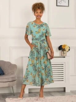 Reagan Floral Print Chiffon Dress, Light Green -DORIA Clothing Shop 5053319402435