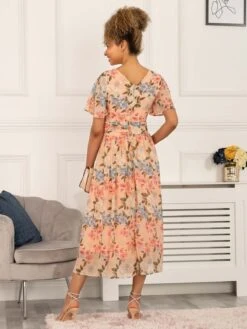 Reagan Floral Print Chiffon Dress, Pink -DORIA Clothing Shop 5053319402503 1