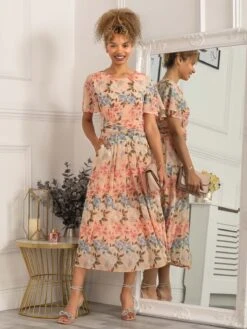Reagan Floral Print Chiffon Dress, Pink -DORIA Clothing Shop 5053319402503 2