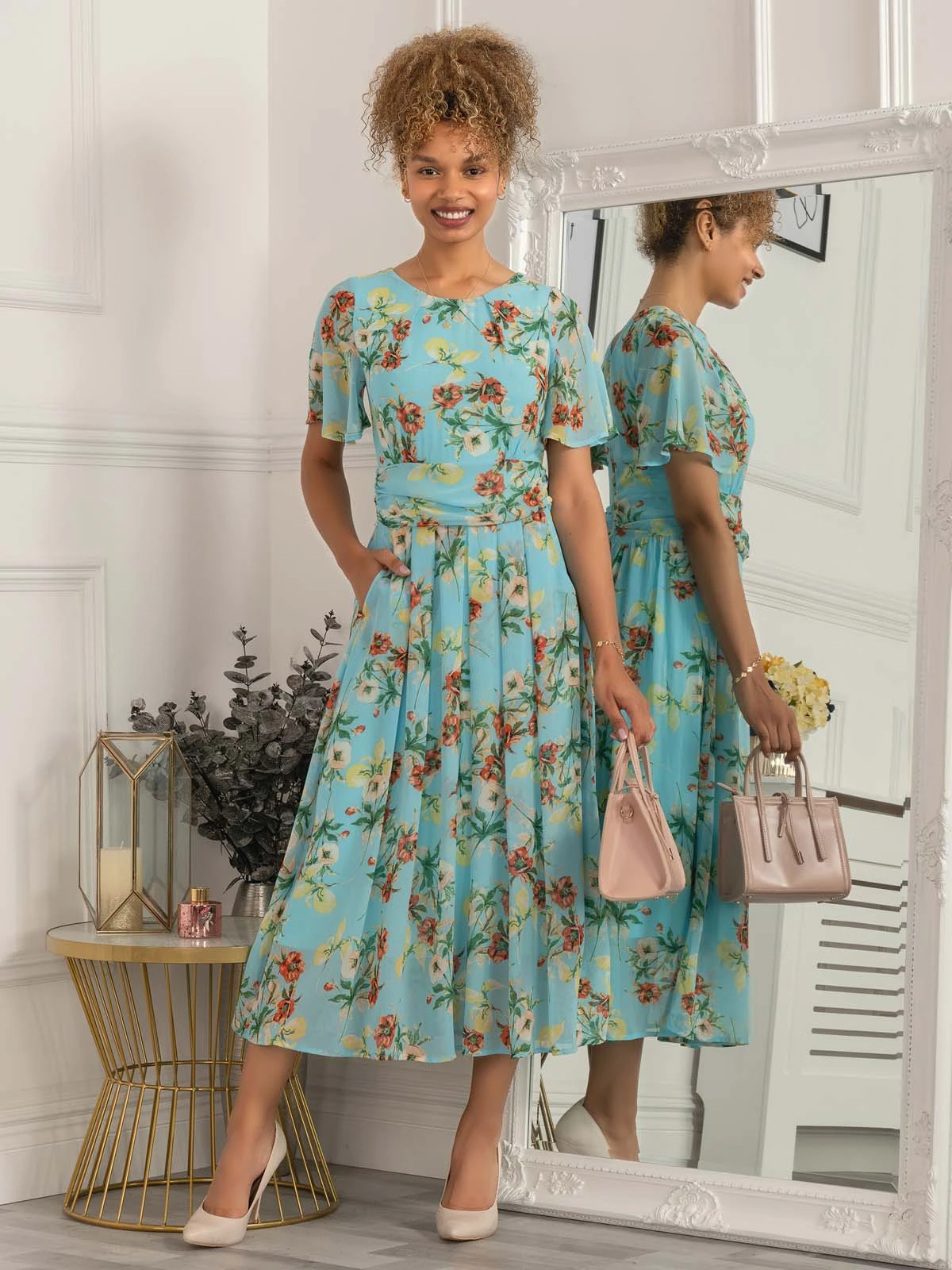 Haylee Print Chiffon Maxi Dress, Blue Floral 1 Haylee Print Chiffon Maxi Dress, Blue Floral