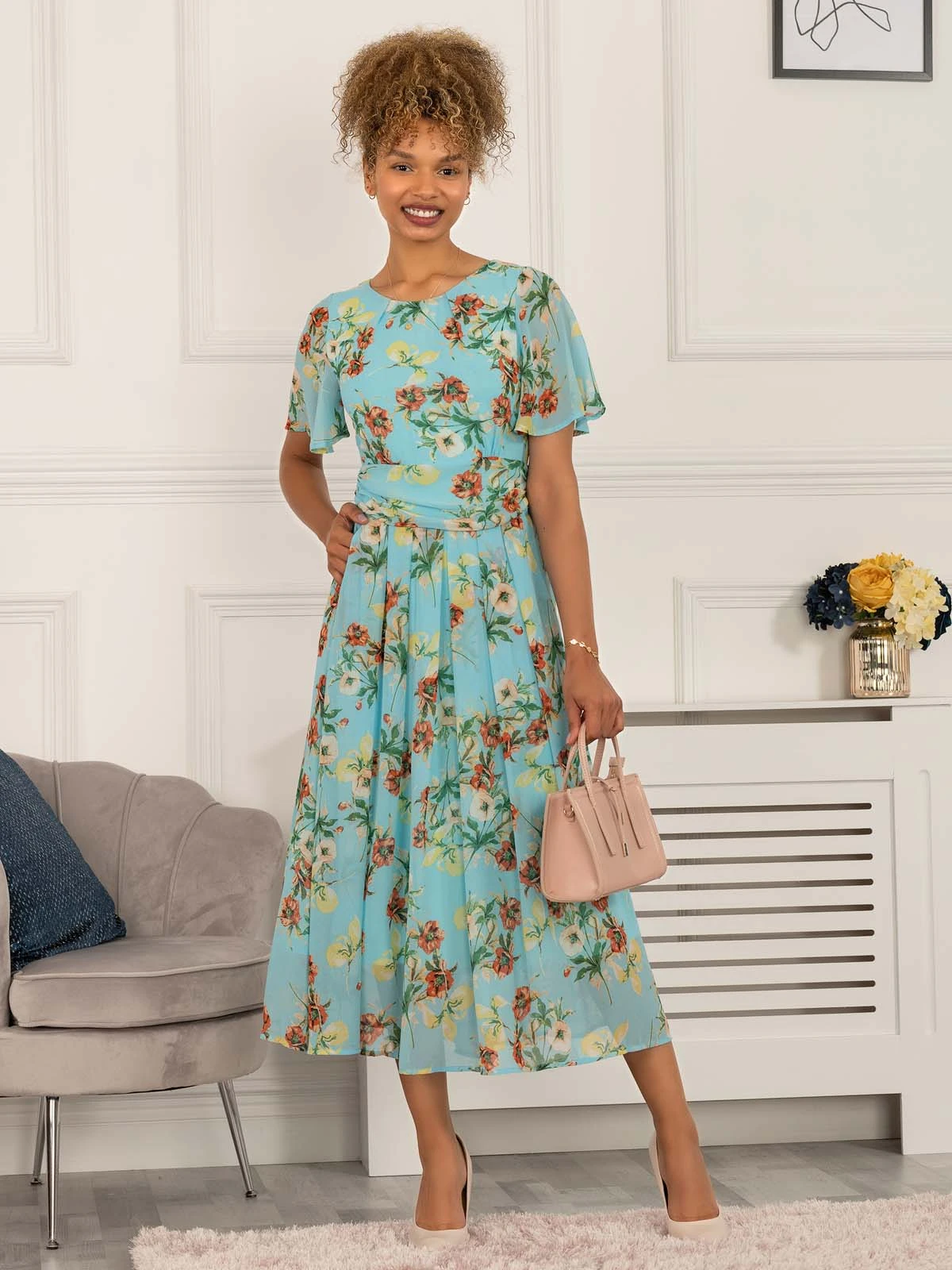 Haylee Print Chiffon Maxi Dress, Blue Floral 5 Haylee Print Chiffon Maxi Dress, Blue Floral - Image 5