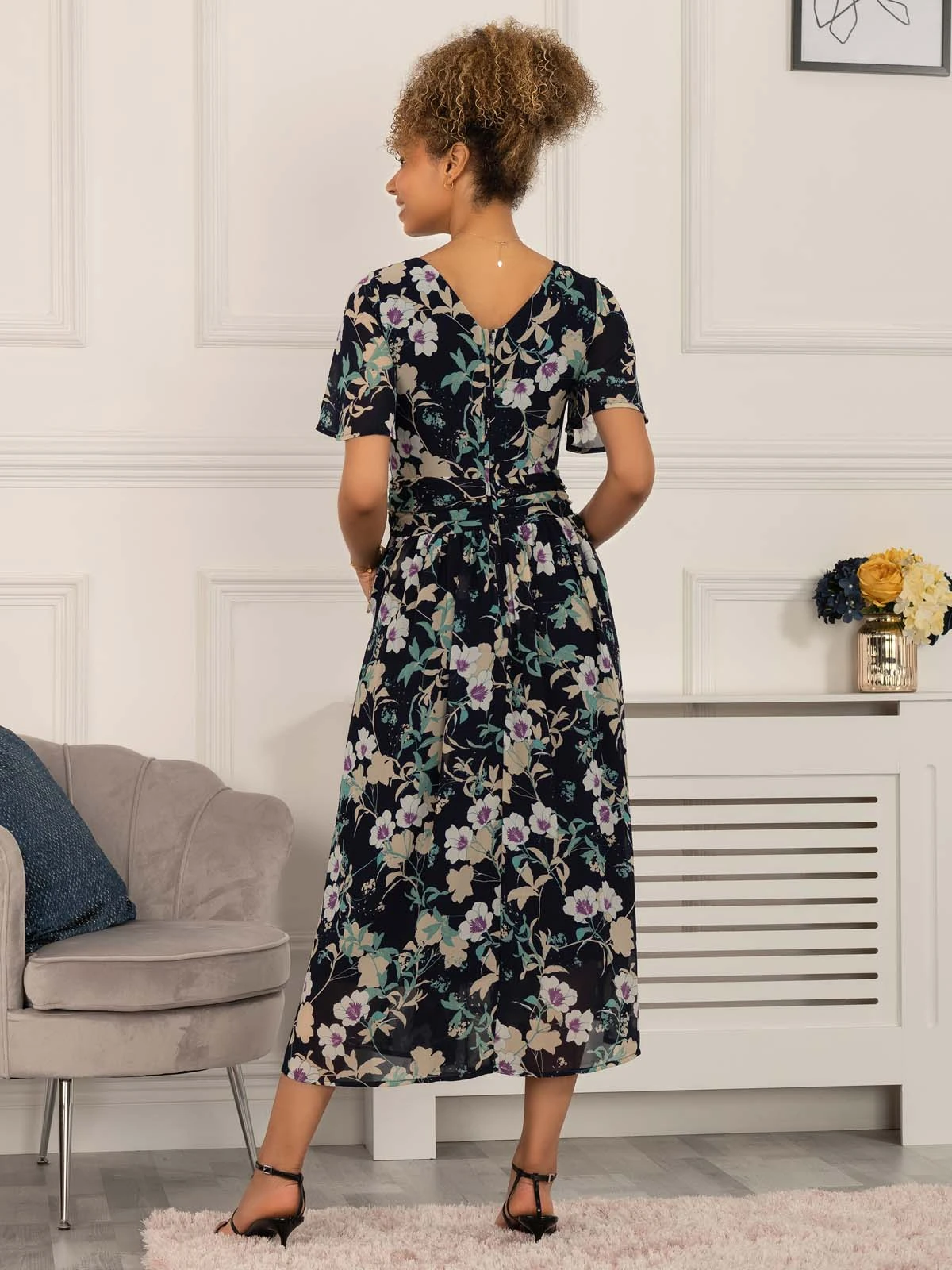 Nadine Floral Print Chiffon Dress, Navy 2 Nadine Floral Print Chiffon Dress, Navy - Image 2