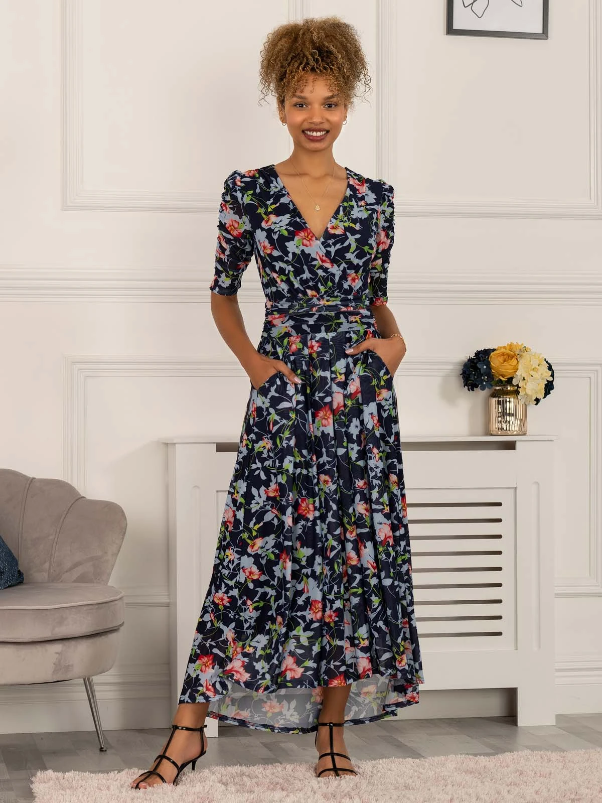 Gavina Ruched Sleeve Mesh Maxi Dress, Navy Floral 6 Gavina Ruched Sleeve Mesh Maxi Dress, Navy Floral - Image 6
