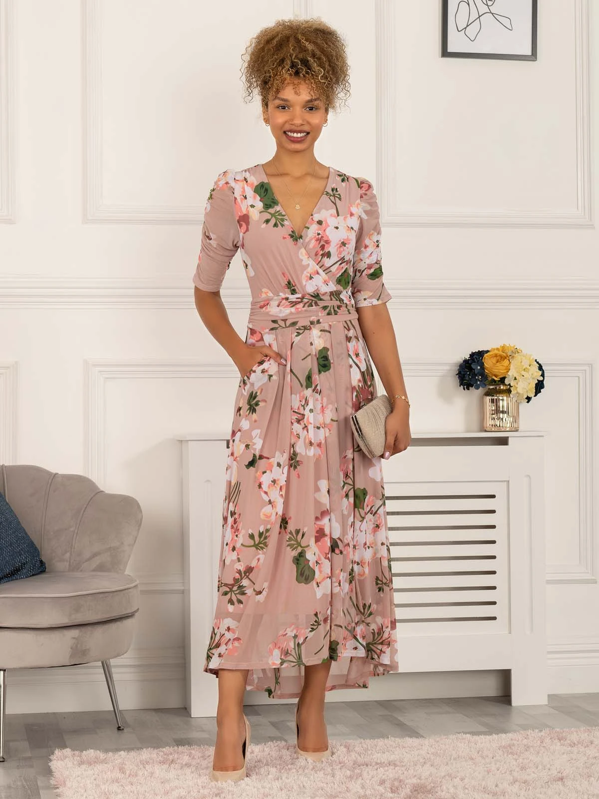 Gavina Ruched Sleeve Mesh Maxi Dress, Dusty Pink 5 Gavina Ruched Sleeve Mesh Maxi Dress, Dusty Pink - Image 5