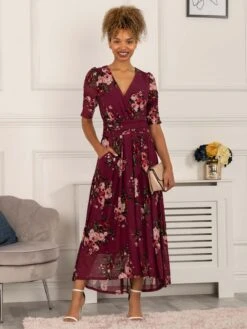 Haizley Floral Print Mesh Maxi Dress, Mauve Purple