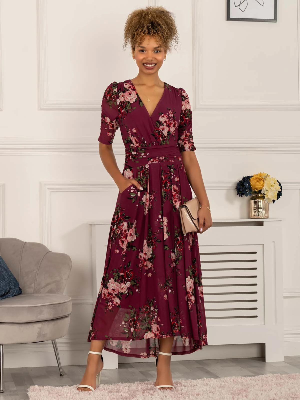 Haizley Floral Print Mesh Maxi Dress, Mauve Purple 1 Haizley Floral Print Mesh Maxi Dress, Mauve Purple