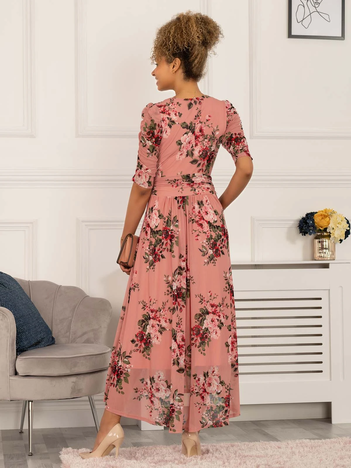 Haizley Floral Print Mesh Maxi Dress, Pink 2 Haizley Floral Print Mesh Maxi Dress, Pink - Image 2