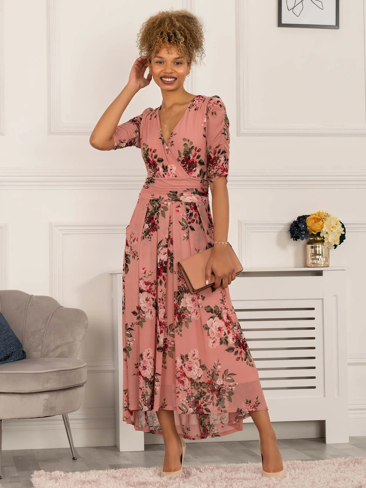 Haizley Floral Print Mesh Maxi Dress, Pink 6 Haizley Floral Print Mesh Maxi Dress, Pink - Image 6