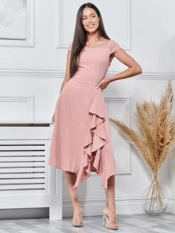 Skylar Off Shoulder Ruffle Hem Dress, Dusty Pink -DORIA Clothing Shop 5161 390 DustyPink 4