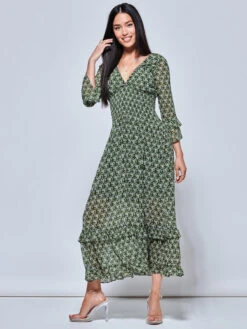 Qaiya Shirred Chiffon Maxi Dress, Green Floral