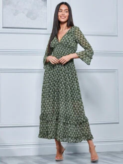 Qaiya Shirred Chiffon Maxi Dress, Green Floral -DORIA Clothing Shop 573 768V GreenFloral 4