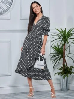 Peyton Wrap Puff Sleeve Midi Dress, Black Geo