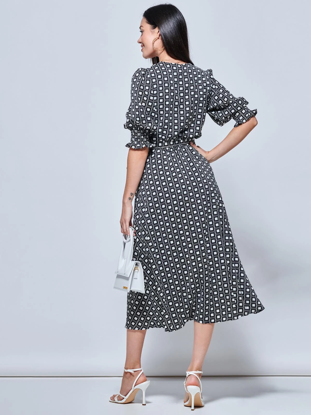 Peyton Wrap Puff Sleeve Midi Dress, Black Geo 2 Peyton Wrap Puff Sleeve Midi Dress, Black Geo - Image 2