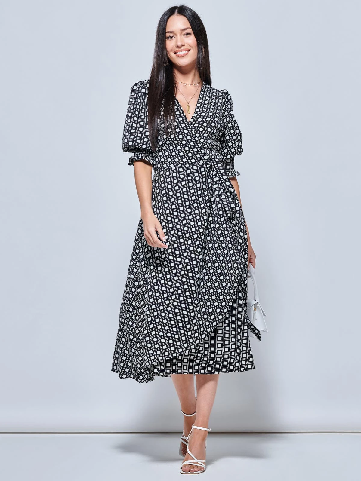 Peyton Wrap Puff Sleeve Midi Dress, Black Geo 4 Peyton Wrap Puff Sleeve Midi Dress, Black Geo - Image 4