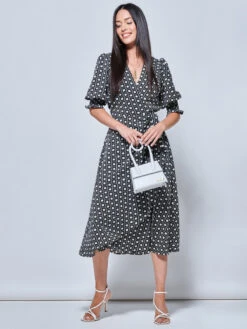 Peyton Wrap Puff Sleeve Midi Dress, Black Geo 9 Peyton Wrap Puff Sleeve Midi Dress, Black Geo -DORIA Clothing Shop 577 7616 BlackGeo 5