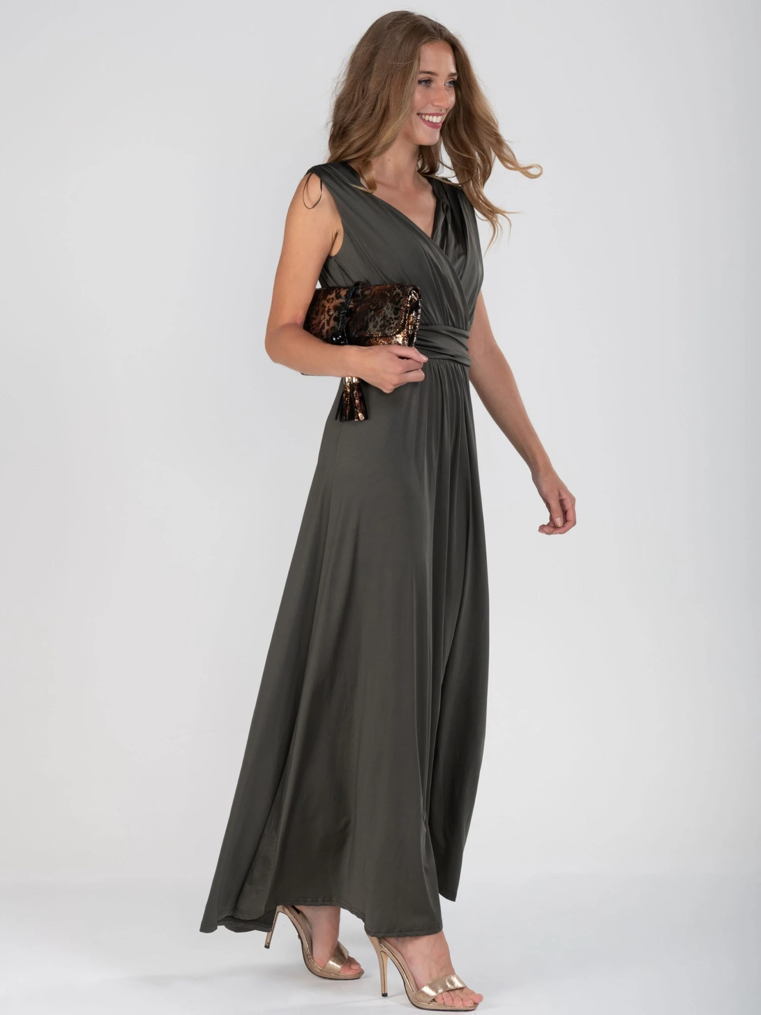 Plunge V Neck Draped Maxi Dress, Solider Green 5 Plunge V Neck Draped Maxi Dress, Solider Green - Image 5