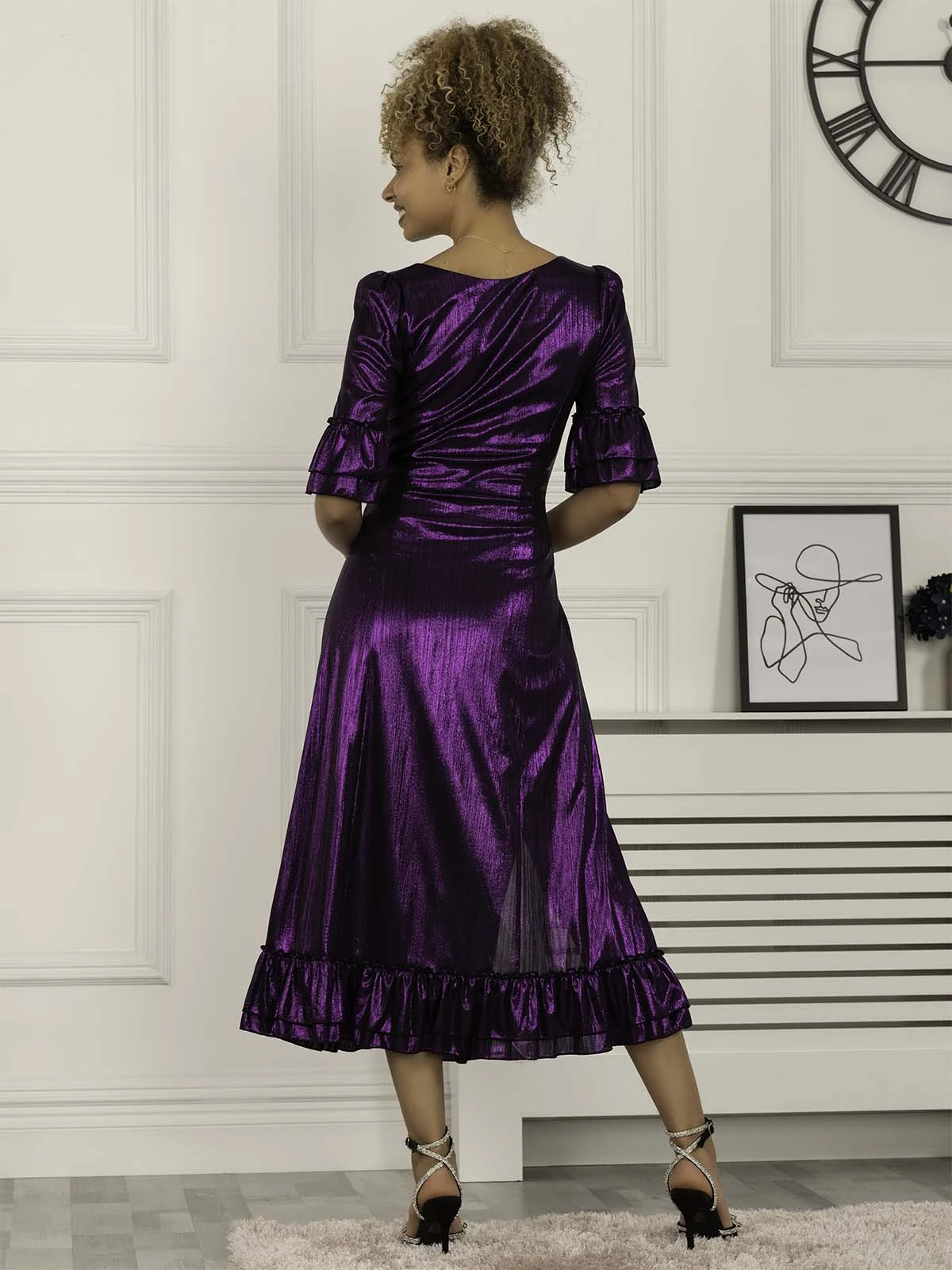 Jolie Moi Janice Square Neck Frill Midi Dress, Dark Purple 2 Jolie Moi Janice Square Neck Frill Midi Dress, Dark Purple - Image 2